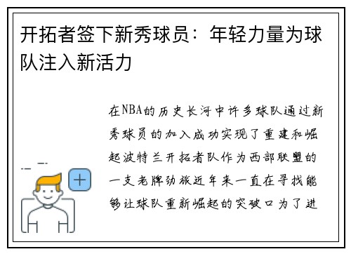 开拓者签下新秀球员：年轻力量为球队注入新活力